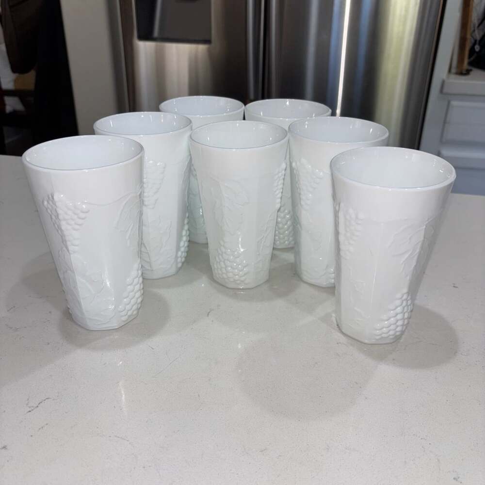 Vintage Indiana Glass Colony Harvest Grape Milk Glass Tumblers, Set of 7